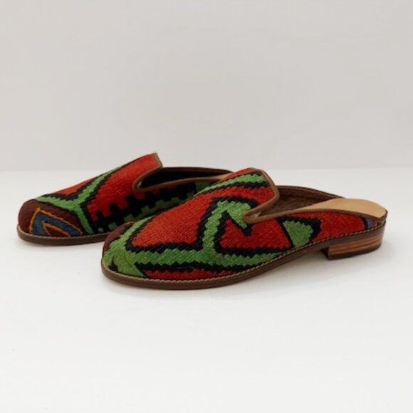 Vintage Handmade Artisan Woven Wool Turkish Kilim Flat Mule Slides Shoes Size 8 - Picture 1 of 6